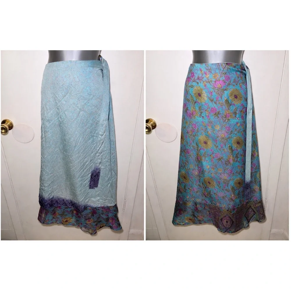 Silk Blend Reversible Wrap Skirt Blue Floral Paisley Boho Sarong Hippie Festival